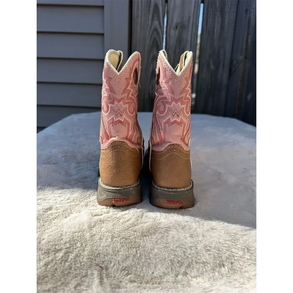 Durango Lil' Durango Girls Western Boots Tan Pink Square Toe Pull-On Size 10.5